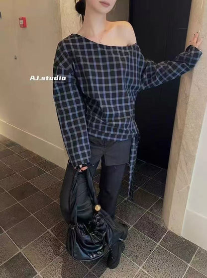 PLAID OFF-SHOULDER SHIRT