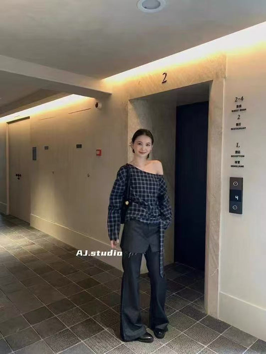 PLAID OFF-SHOULDER SHIRT